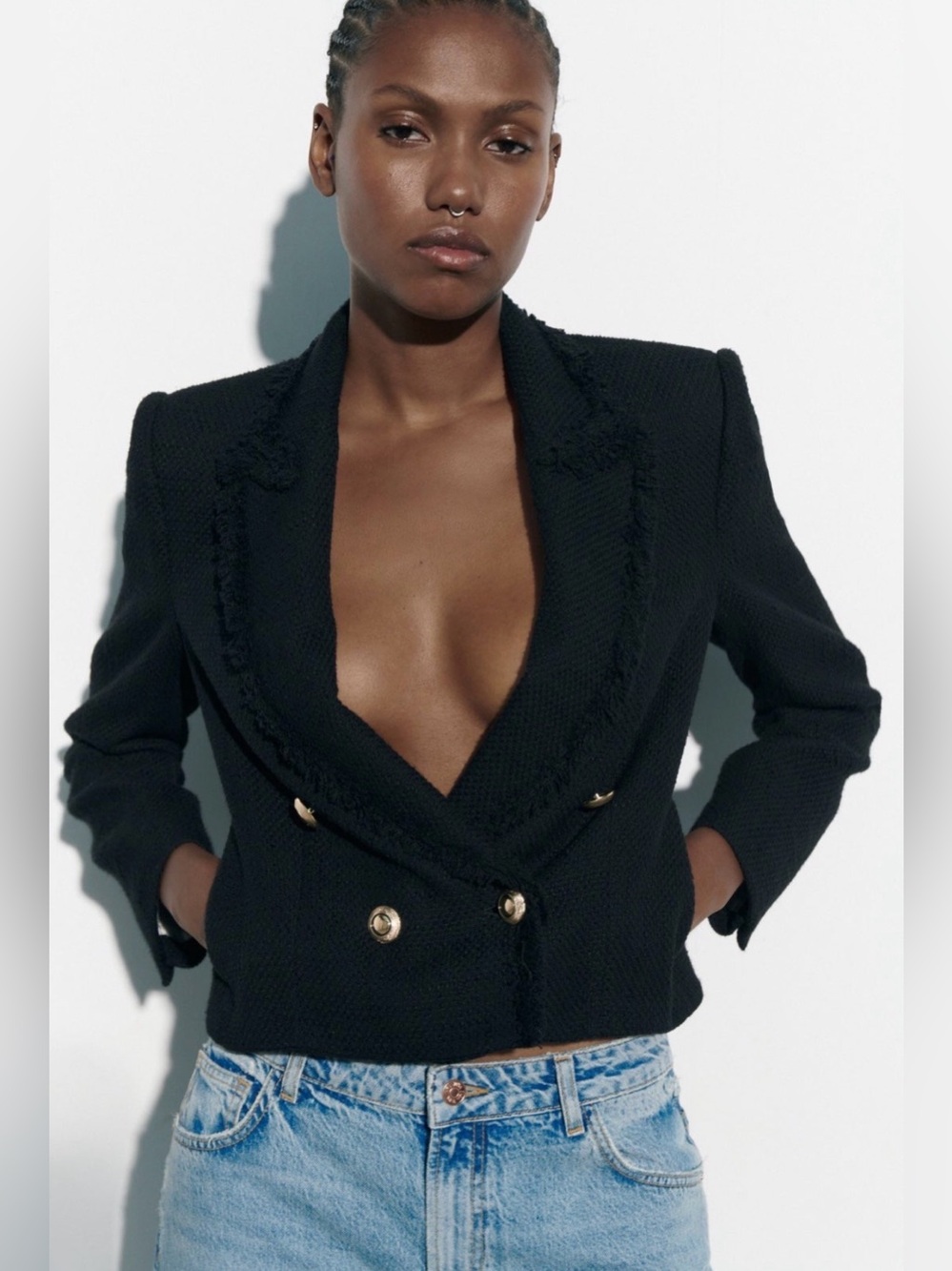 Zara Black Double-Breasted Frayed-Trim Blazer with Gold Buttons - Picture 4 of 6